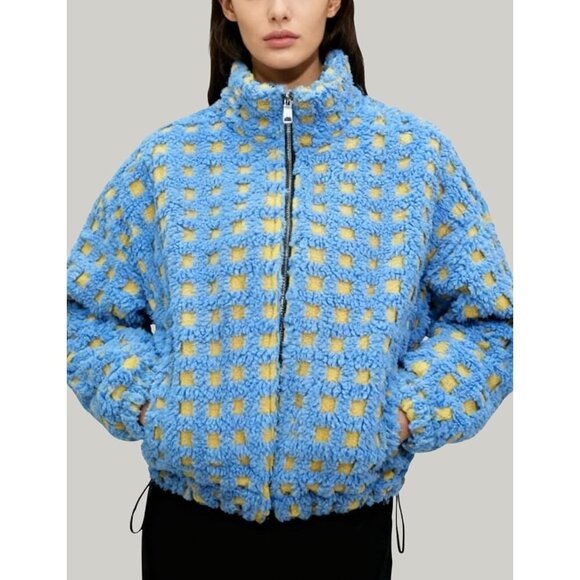 Women Blue Cropped Sherpa Fleece Plaid Jacket Chunky Outerwear - Picture 2 of 6